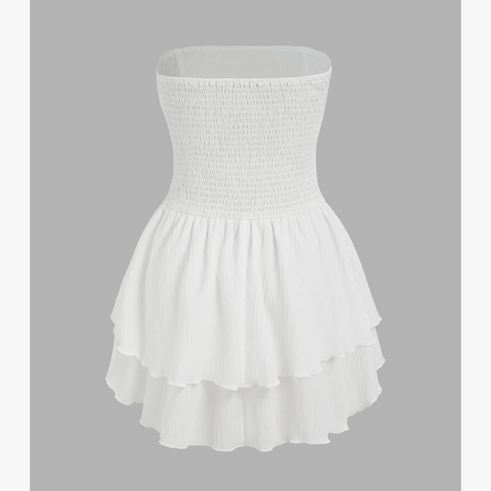 Strapless Ruched Ruffle White Mini Dress - Picture 3 of 3